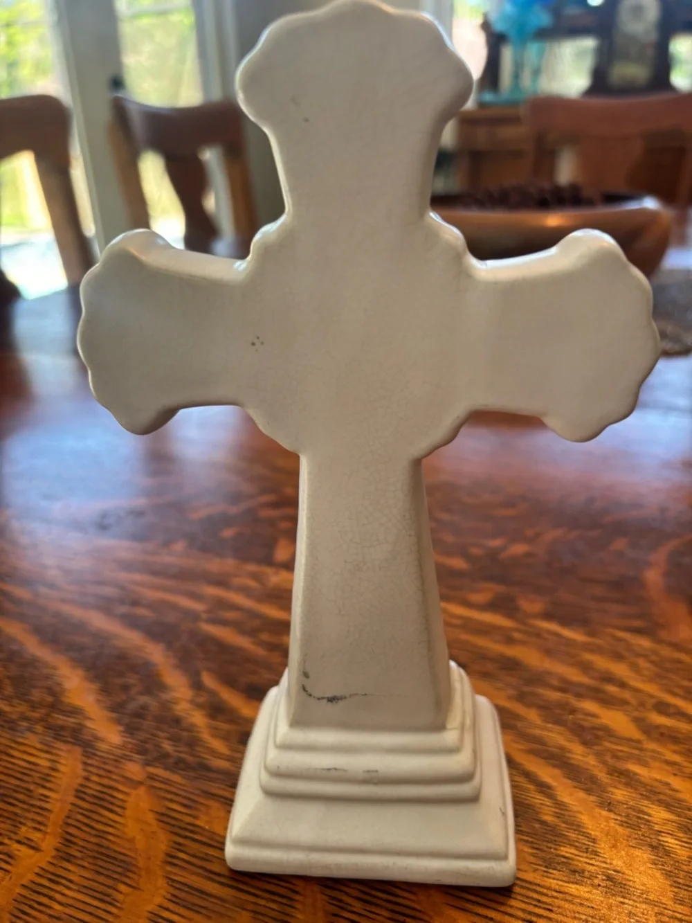 Decorative Ceramic Cross Figurine in Cream with Gold Trim
